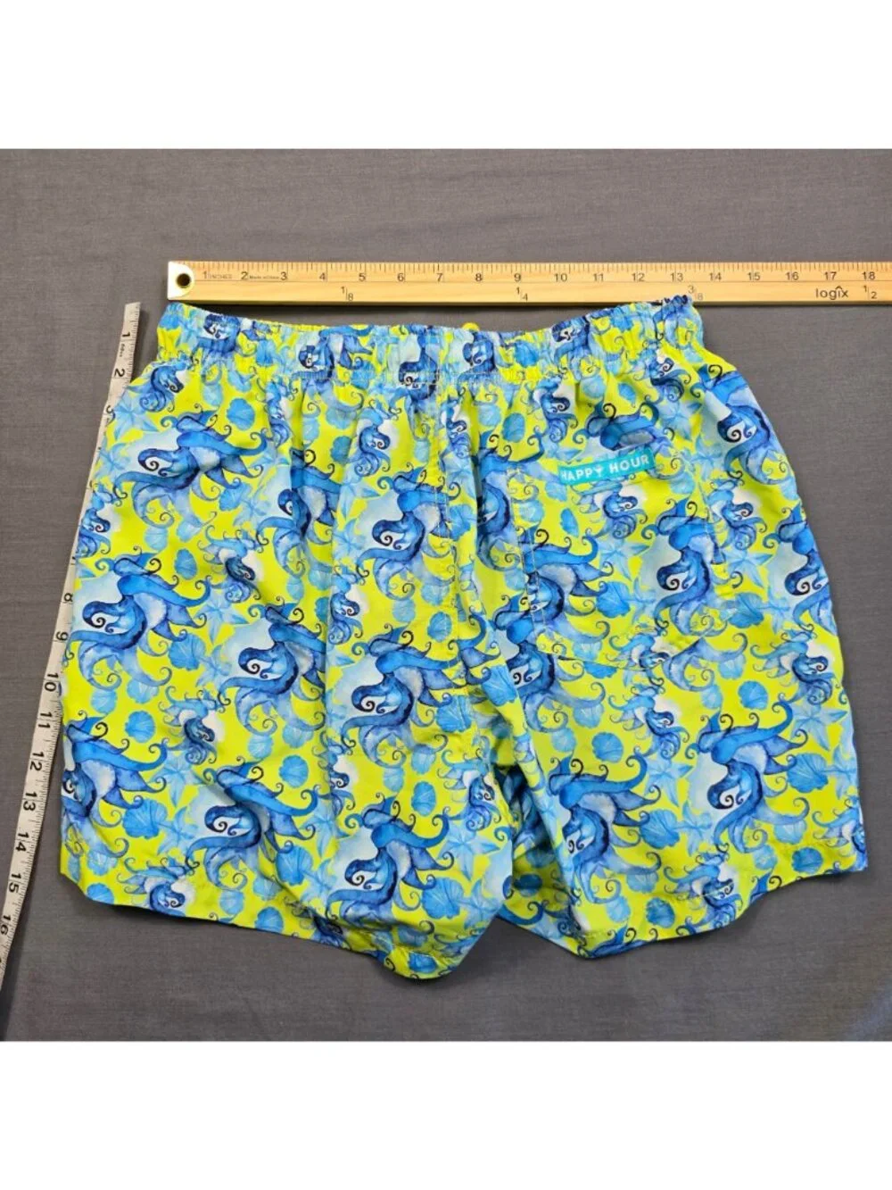 Happy Hour Mens M Swim Trunks Yellow/Blue Lady Octopus Print Elastic Waist